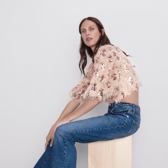 🌞NWT Zara Sequins Crop Top Balloon Sleeve Pink S - Picture 7 of 12